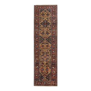 Antique Bijar Runner | 3'7" X 14'6" | Golden Beige Field With Red Floral Border | Circa Early 20th Century For Sale