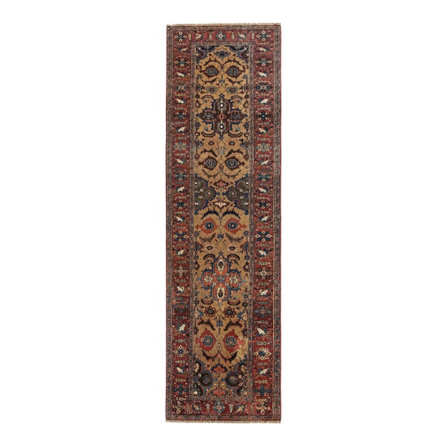 Antique Bijar Runner | 3'7" X 14'6" | Golden Beige Field With Red Floral Border | Circa Early 20th Century For Sale