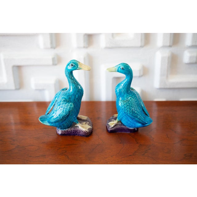 1960s Mid-Century Chinese Ceramic Turquoise Ducks - a Pair For Sale - Image 4 of 8