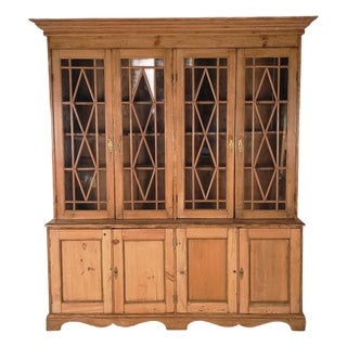 Antique English Pine Breakfront Bookcase For Sale