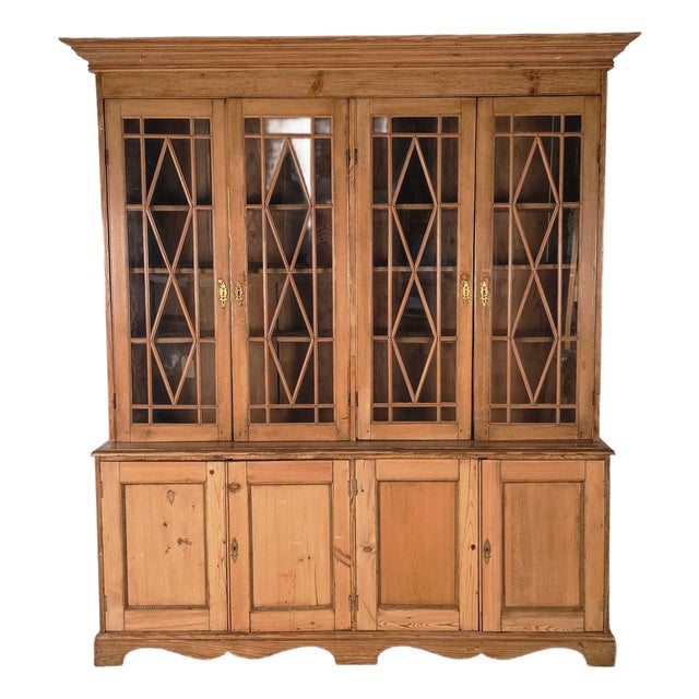 Antique English Pine Breakfront Bookcase For Sale