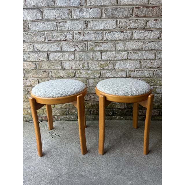 Pair of Mid 20th Century Danish Blonde Wood Stools With Upholstered Tops For Sale - Image 4 of 14
