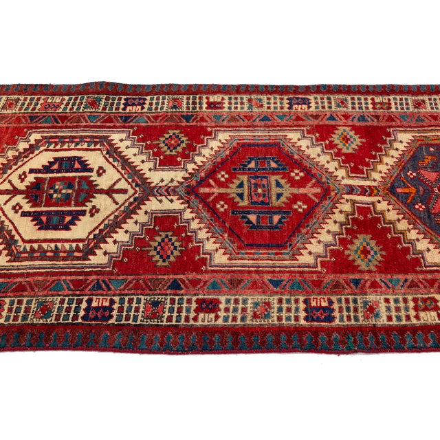 1950s Vintage Hand-Knotted Turkish Wool Runner Rug With Geometric Tribal Medallions in Crimson, Indigo, and Cream For Sale - Image 5 of 9