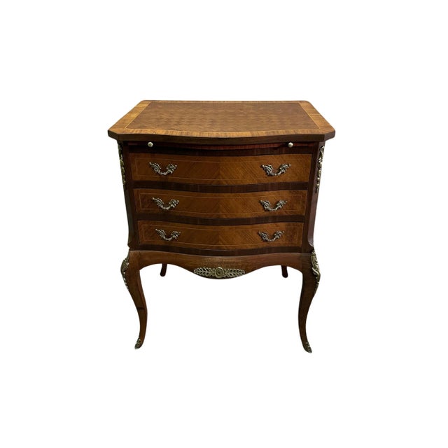 Vintage French Style Wood/Parquet Inlaid Three Drawer Chest W/Brass Ormolu For Sale - Image 10 of 10