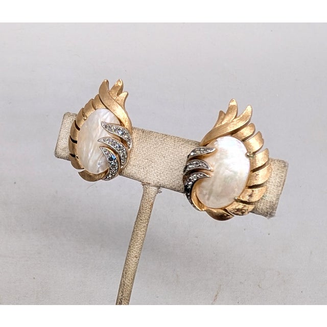 1950s Vintage 1958 Signed Crown Trifari Goldtone Mother-of-Pearl & Rhinestone "Fantasia" Clip Earrings-2 Pieces For Sale - Image 5 of 8