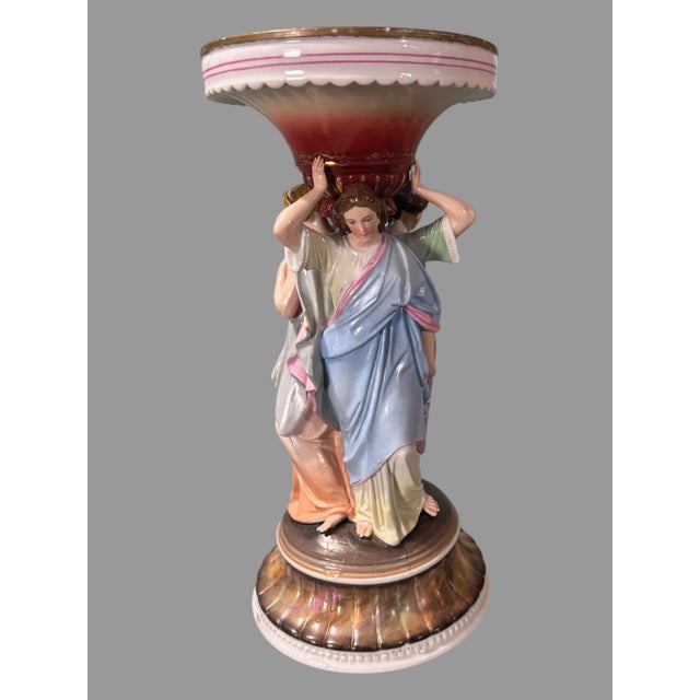 Antique Victorian 11.5" 3 Graces Figural Porcelain Compote Candlestick Vase With Glossy Finish For Sale - Image 6 of 8