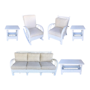 1970s Ficks Reed Vintage Palm Beach Regency Six Piece Bent Rattan Patio Set Sofa, Chair, Rocker, Coffee Table, Two Side Tables in Excellent Condition
