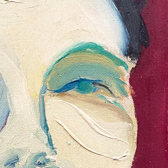 A cabinet-sized American school Modernist oil study of a woman shown directing her commanding gaze towards the viewer,...