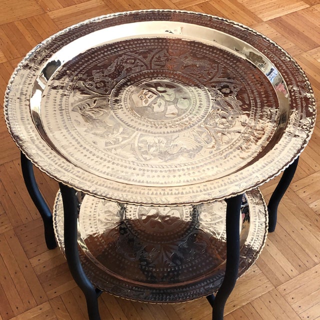 Mid 20th Century Mid-20th Century Engraved Heavy Brass Two-Tier Chinese Tray Table For Sale - Image 5 of 13