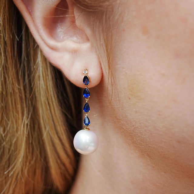 Contemporary Nina Zhou 2.45ctw Sapphire Diamond and Pearl Convertible Drop Earrings in 14k Gold For Sale - Image 3 of 9