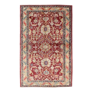 Vintage Turkish Oushak Rug in Deep Crimson, Soft Gold, and Pale Blue With Floral For Sale