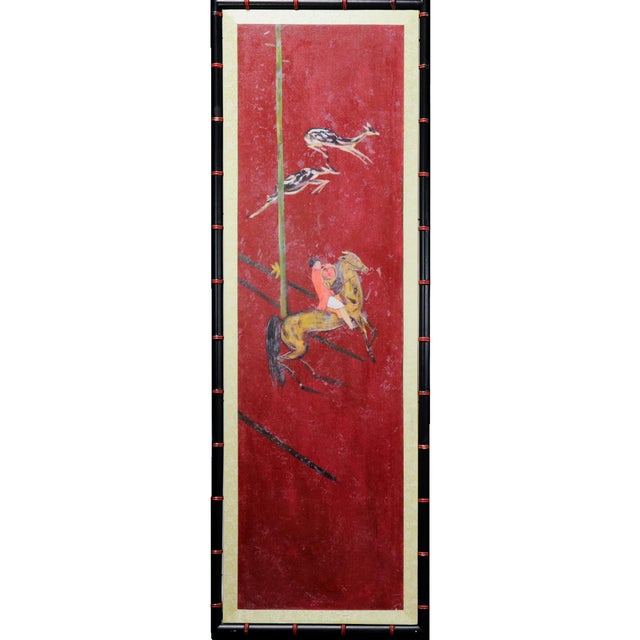Vintage Chinoiserie Four-Panel Folding Screen – Hand-Painted English Hunting Scene With Black Faux Bamboo Frame For Sale - Image 4 of 17