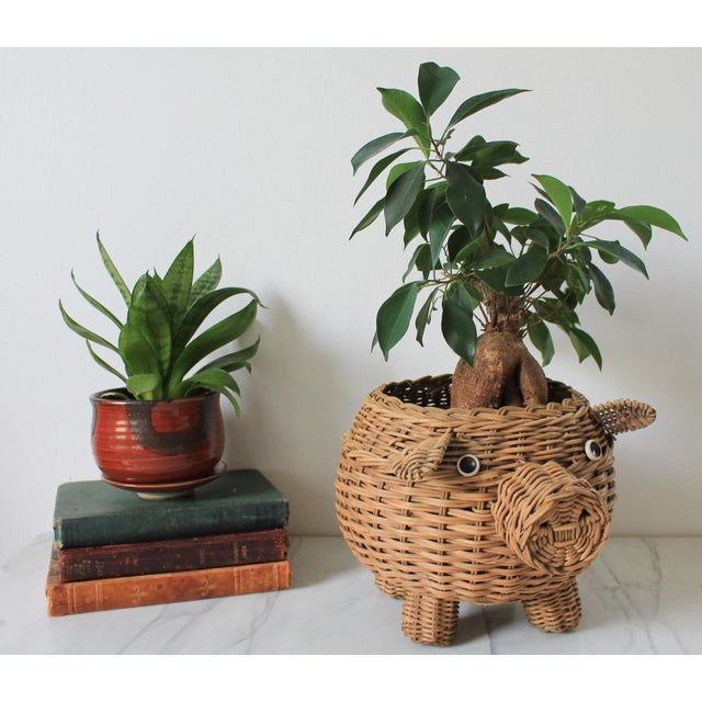 Vintage wicker piggy planter basket. No makers mark. Some light age wear.