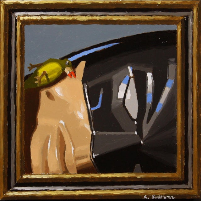 Bat Nap by Shawn Sullivan | Oil Painting of a cat with a bird resting on its head For Sale