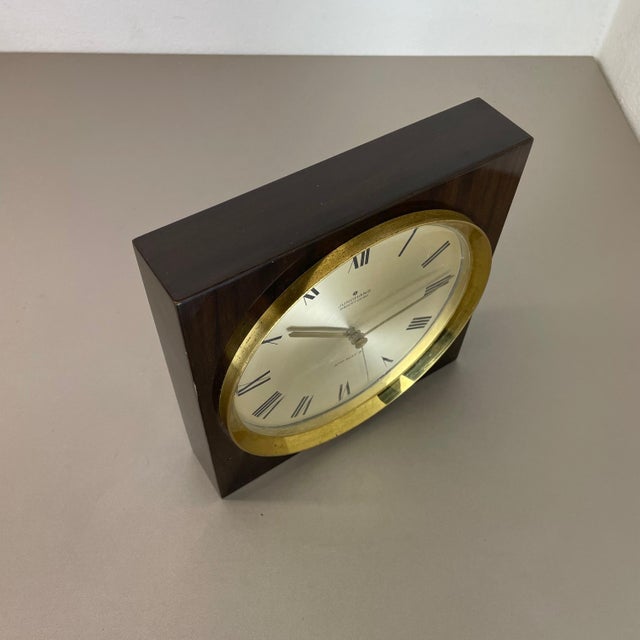 1960s Modernist Wood and Brass Table or Wall Clock from Junghans, Germany, 1970s For Sale - Image 5 of 18