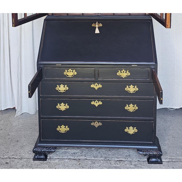 1940s Black Chippendale Style Secretary Desk/ Secretary Hutch, 2 Piece Cabinet For Sale - Image 4 of 17