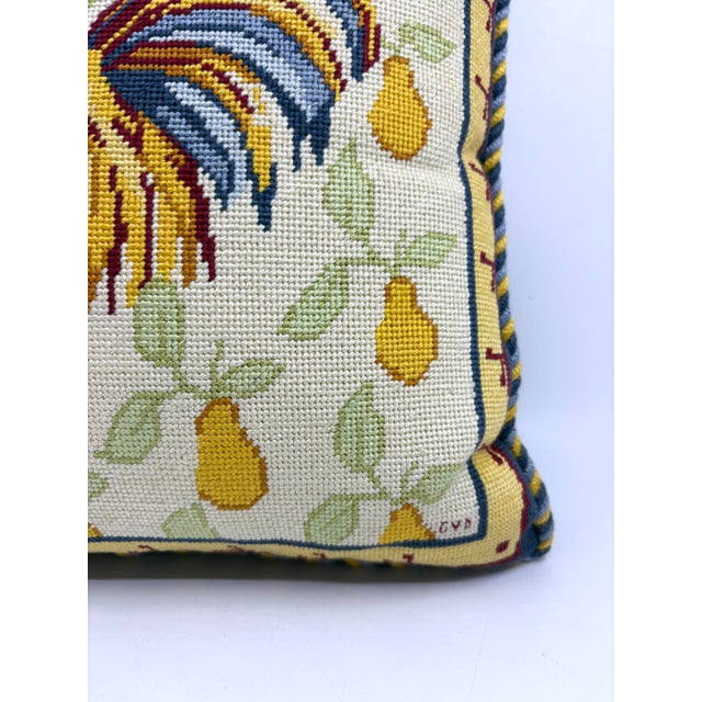French Country Vintage Yellow and Blue Rooster Country Needlepoint Pillow For Sale - Image 3 of 6