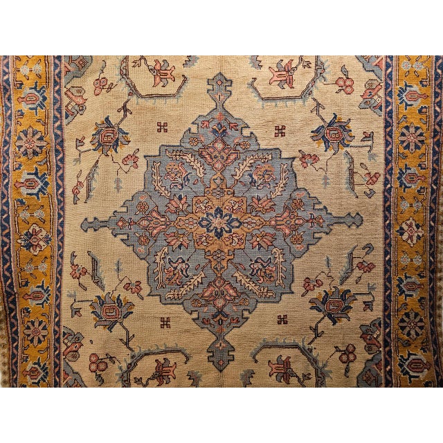 Vintage Turkish Oushak Rug, Handwoven Geometric Pattern, Ivory & Blue, 8' x 11' For Sale - Image 17 of 18