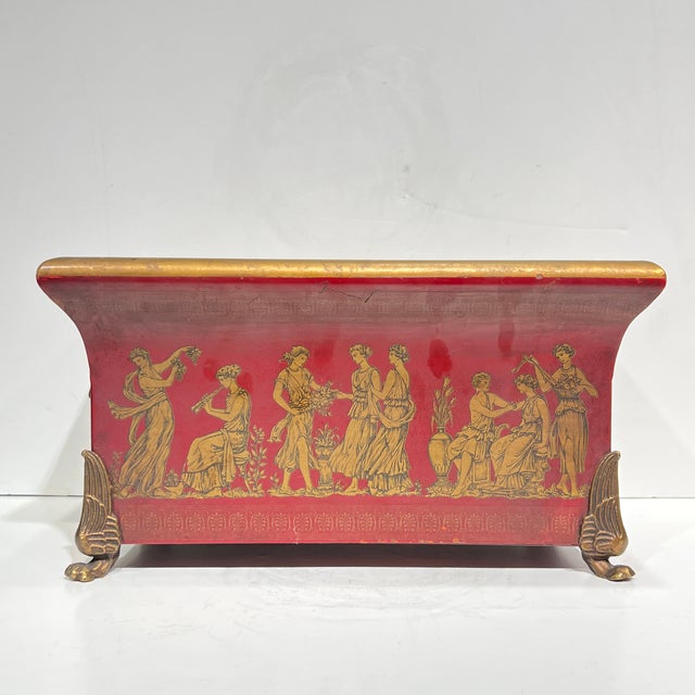 Neoclassical Pair Vintage Greek / Roman Neoclassical Red Painted Tole and Bronze Jardinieres For Sale - Image 3 of 12