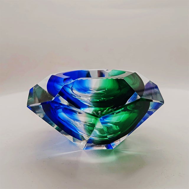 Ashtray or Catch-all in Murano Glass by Flavio Poli for Seguso. Rare item for its two Stunning alternating Green and Blue...