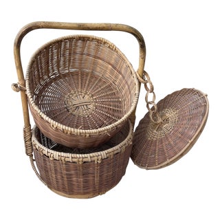 Vintage Woven Rattan/Bamboo 2 Layer Sewing Basket For Sale