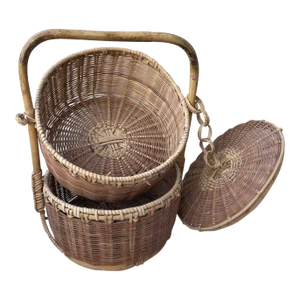 Vintage Woven Rattan/Bamboo 2 Layer Sewing Basket