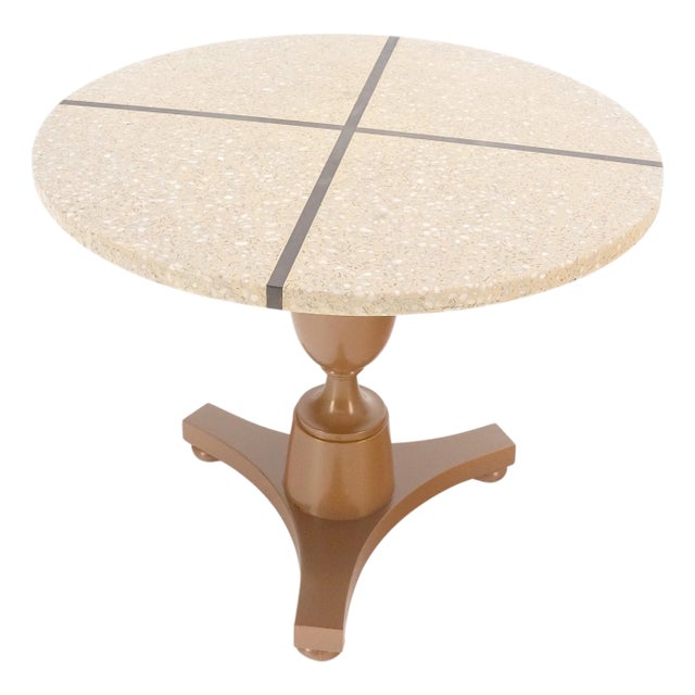 24" Round Terrazzo Brass Strip Cross Inlay Top Urn Shape Tripod Base Side Table For Sale