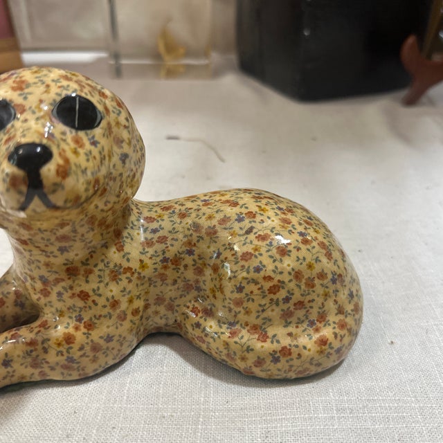 1970s Small Floral Ceramic Painted Dog Sculpture For Sale - Image 4 of 7