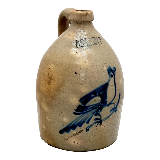 Hard 2 Find Small 1 Gallon Size Antique American Blue Bird Decorated Stoneware Jug by Haxton Ottman New York For Sale