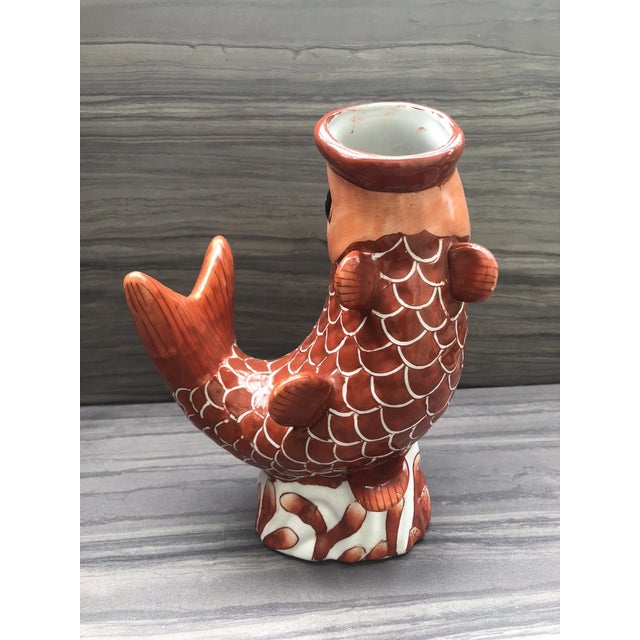 1990s Vintage Chinese Porcelain Hand Painted Orange Glaze Koi Fish Vase For Sale - Image 5 of 8