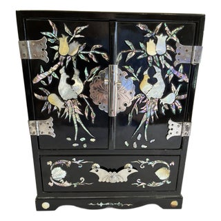 Vintage Black Lacquer Mother of Pearl Inlay Jewelry Cabinet For Sale