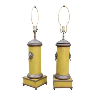 1940's Italian Tole Chartreuse Lamps With Leo Lion Knocker Details - a Pair For Sale