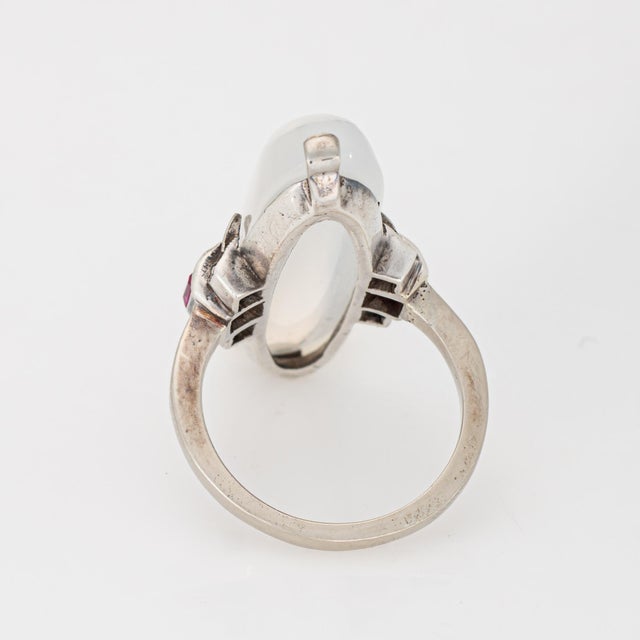 1940s Retro Elongated Moonstone Ring Sz 5.5 Ruby Diamond White Gold Cocktail Jewelry For Sale - Image 5 of 5
