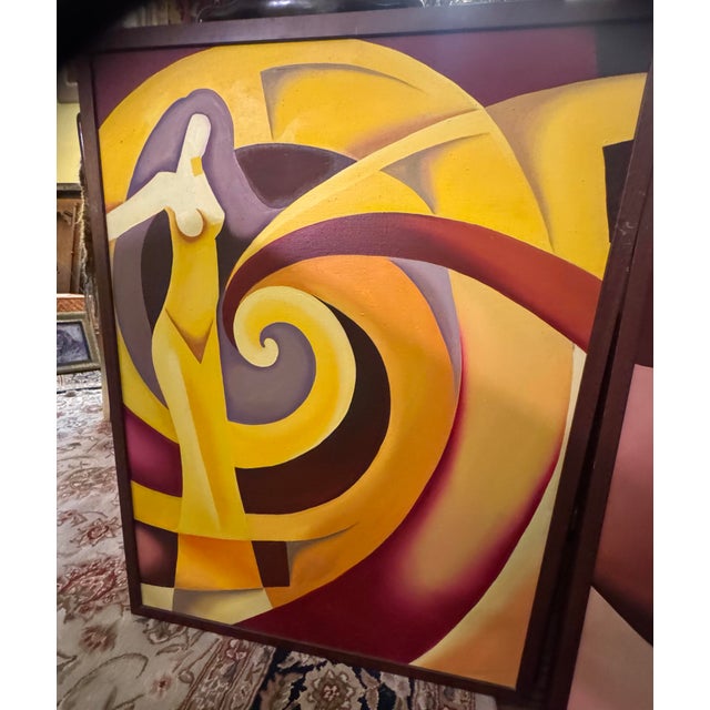 Striking contemporary figurative triptych featuring three coordinated panels in a warm palette of golden yellow, burgundy,...