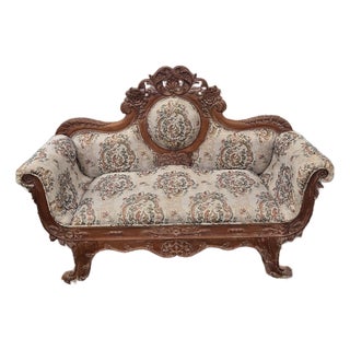 Mid 20th Century Louis XV Rococo Revival Carved Walnut Settee W/ Jacquard Upholstery For Sale
