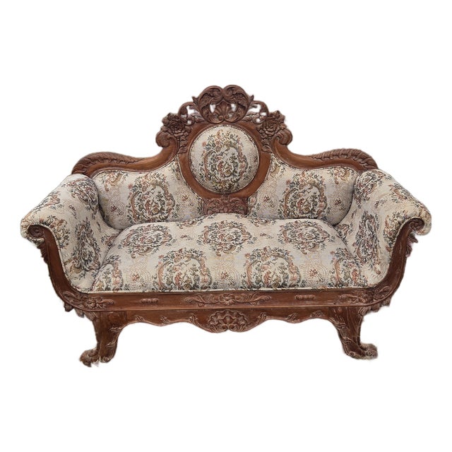 Mid 20th Century Louis XV Rococo Revival Carved Walnut Settee W/ Jacquard Upholstery For Sale