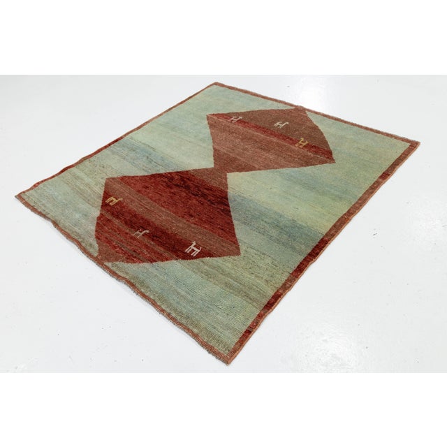 Tribal 5x5 Modern Hand-Knotted Gabbeh Rug - Tribal Animal & Diamond Motif - Sky Blue For Sale - Image 3 of 8