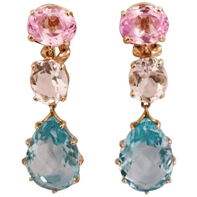 Christina Addison 18kt Yellow Gold 3-stone drop earring with faceted Pink Topaz, faceted rock crystal, and faceted Blue...