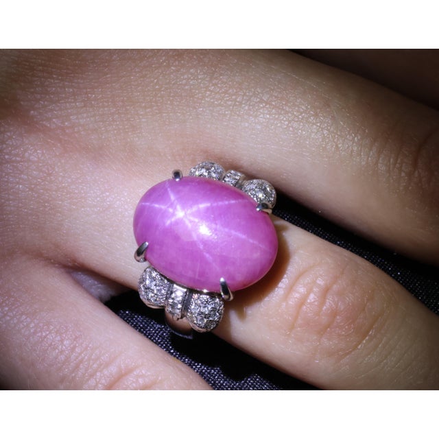 Late 20th Century Rare 21.42ct Natural Pink Star Sapphire & 0.32ct Diamond Platinum Ring, Size 8.5 For Sale - Image 12 of 18