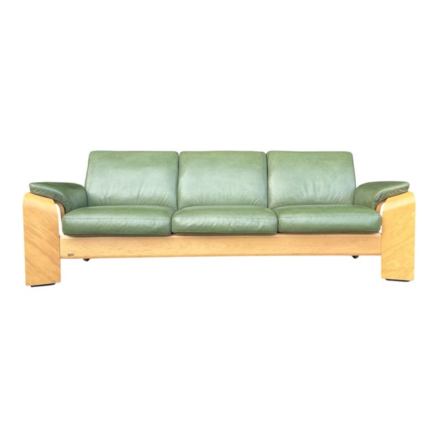 Mid-Century Modern 1960s Ekornes Scandinavian Modern Olive Green Leather Sofa With Sculptural Bentwood Frame For Sale - Image 3 of 15