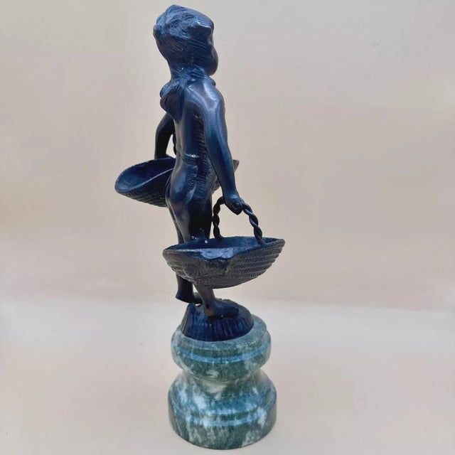 Vintage Bronze Child With Two Baskets on Green Marble in the Manner of Suzanne Bizard (Unsigned) For Sale - Image 4 of 10