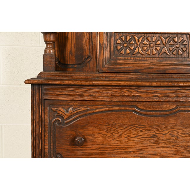 Bernhardt Furniture Antique English Jacobean Carved Oak Bar Cabinet, Circa 1930s For Sale - Image 10 of 16