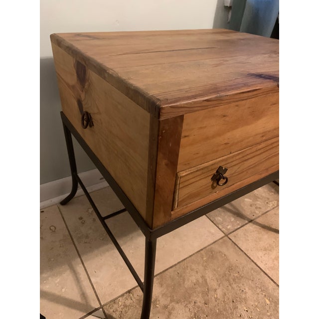 Up for sale is a beautiful, vintage Mexican rustic pine accent table featuring a unique hand-forged style wrought iron...
