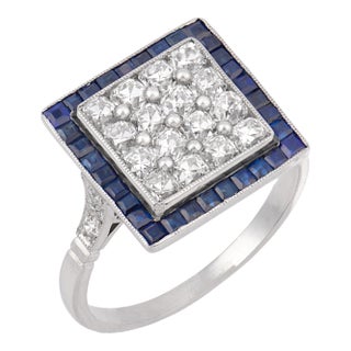 Art Deco Inspired Diamond Sapphire Platinum Dinner Ring, Size 7 For Sale