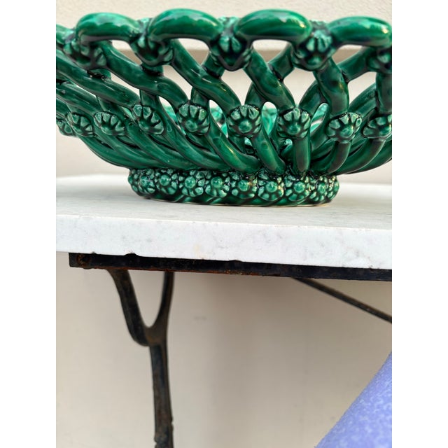 Green French Large Green Majolica Oval Bowl or Basket Vallauris Circa 1950 For Sale - Image 8 of 9