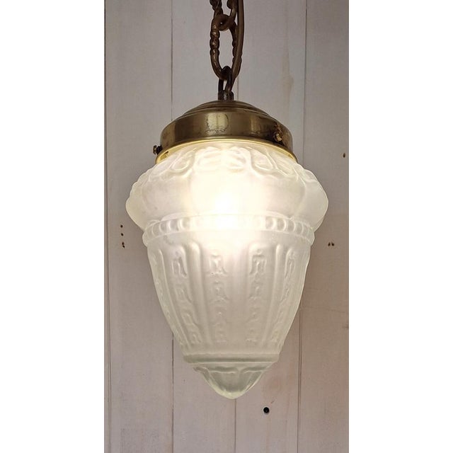 Goldenrod Antique French Teardrop Lamp with Frosted Relief Glass Shade on Brass Mount, 1900s For Sale - Image 8 of 9