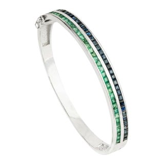 925 Sterling Silver Emerald & Blue Sapphire Gemstone Bangle Bracelet For Sale