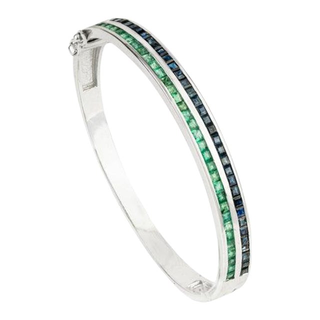 925 Sterling Silver Emerald & Blue Sapphire Gemstone Bangle Bracelet For Sale