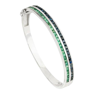 925 Sterling Silver Emerald & Blue Sapphire Gemstone Bangle Bracelet