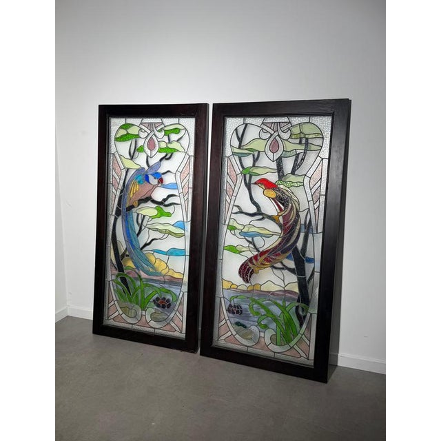 Antique Stained Glass Panels with Exotic Birds, Set of 2 For Sale - Image 5 of 5